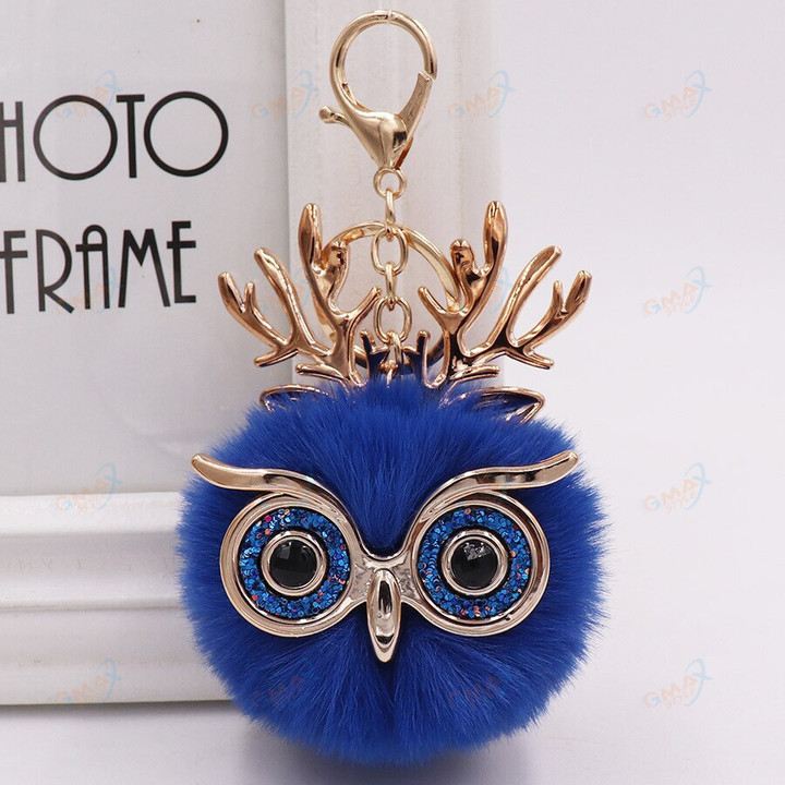 New Owl Keychain Artificial Rabbit Fur Pompom Antlers Christmas Keychain Ladies Backpack Mobile Phone Pendant Key Ring