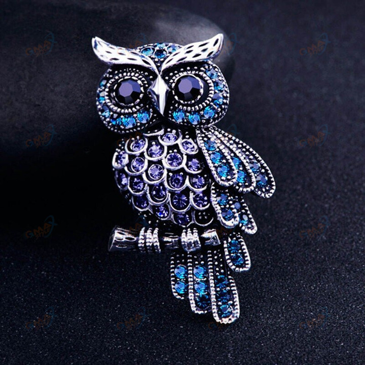 Ancient Women's Men's Owl Korean Trendy Imitation Rhinestone Blue Owl Brooch Badge Christmas Gifts Dress Coat Shirt Accessories