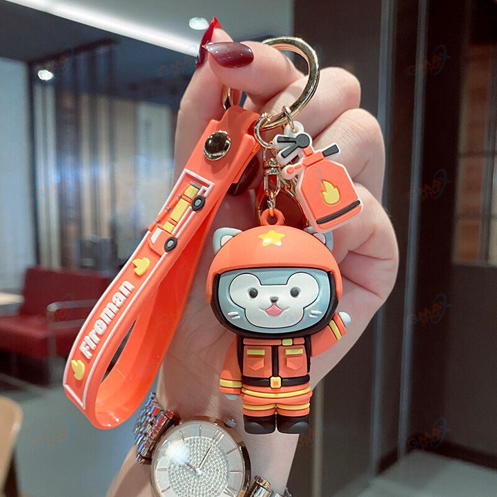 Fashion Cartoon Cat Keychain Cute Three-dimensional Fireman Keychains Fun Phone Bag Car Pendant Key Ring