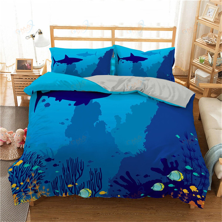 Cartoon Octopus Bedding Set King/Queen Size,Ocean Underwater World Duvet Cover Kids Sea Coral Fish 2/3pcs Polyester Quilt Cover