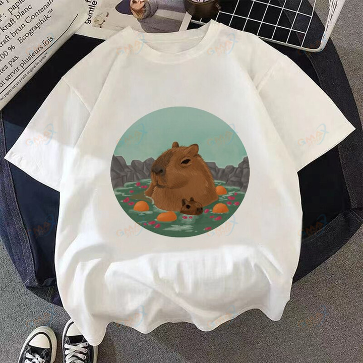 Kawaii O-Neck Casual Women'S Cute Capybara Summer T-Shirt