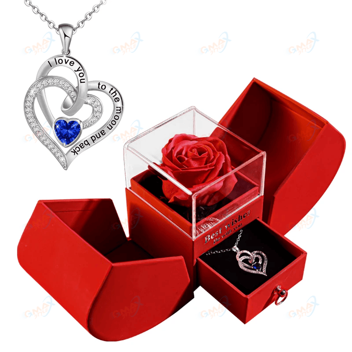 Gift for Women Eternal Rose Gift Box /w Heart Necklace I Love You To The Moon and Back Flower Jewelry Box for Wedding Birthday