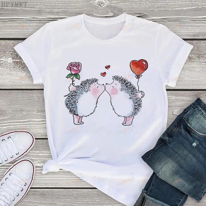 Hedgehog and dandelion printed female summer T-shirt