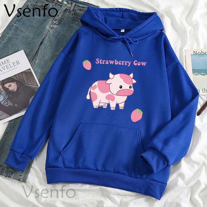Strawberry Cow Cute Hoodie Casual Pullover Oversize Aesthetic Sweatshirts