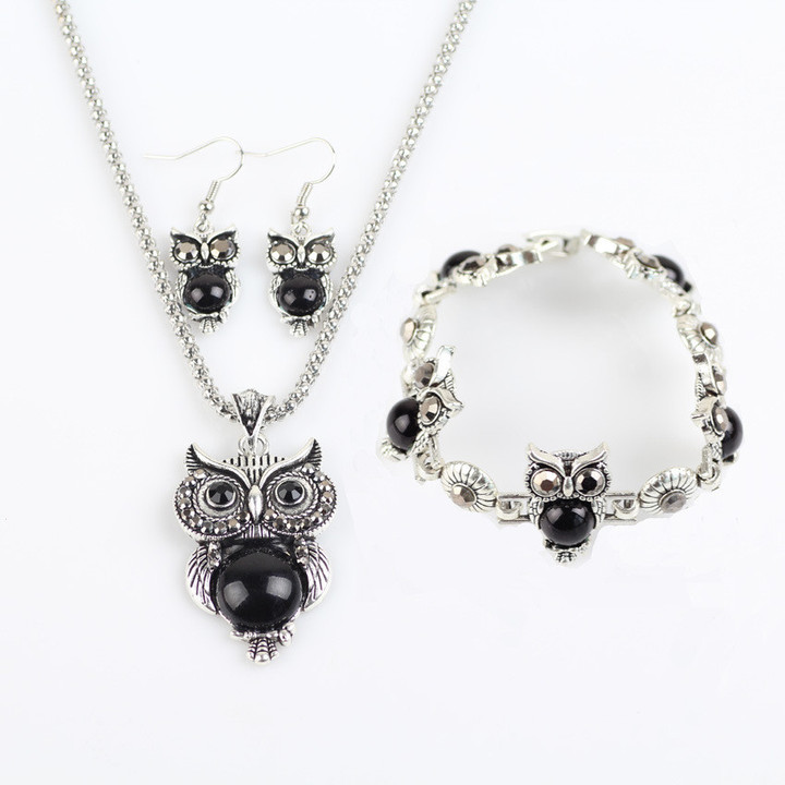 Vintage Owl Jewelry set Dangle pendant Necklace Bracelet Earrings lady accessories