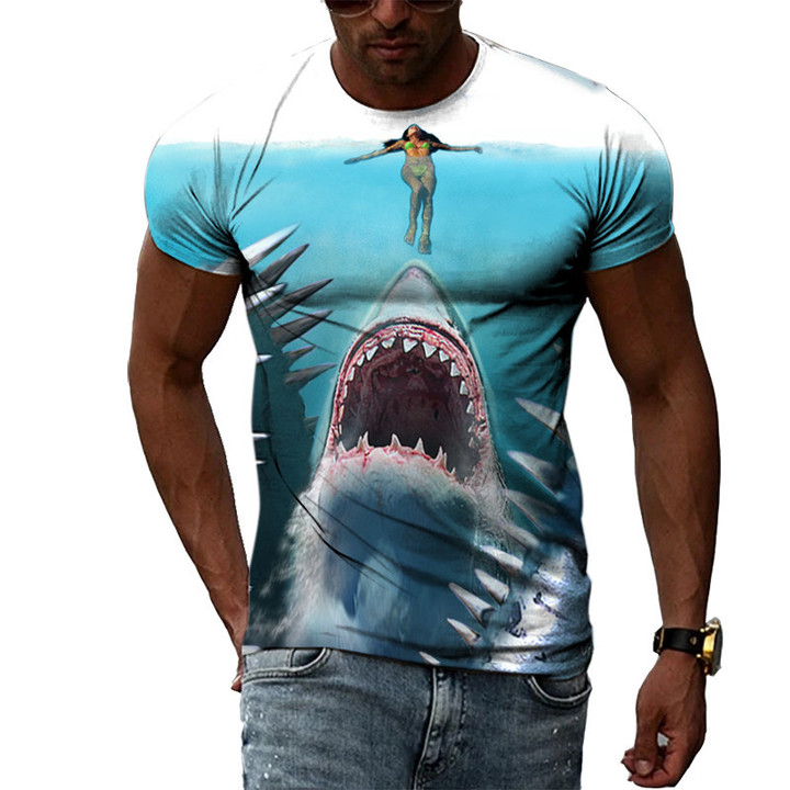Shark Graphic Funny Man T-shirts Casual 3D Print Round Neck Short Sleeve T-shirts