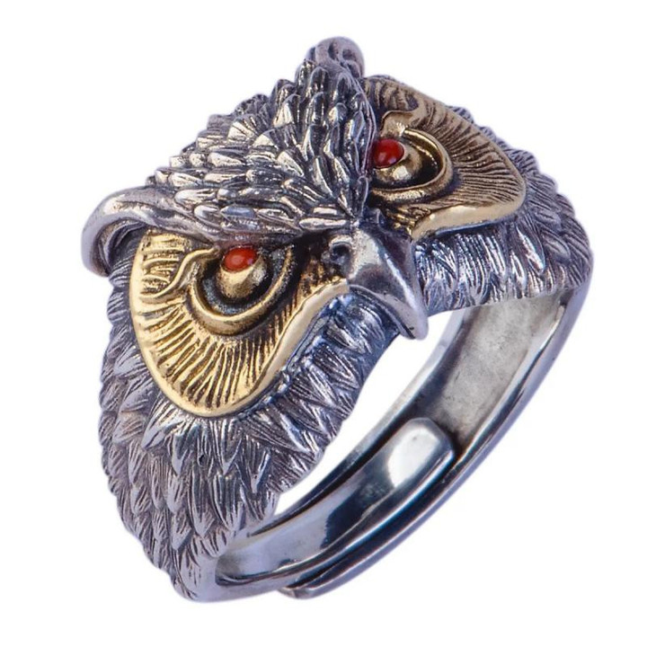 Vintage Viking Silver Color Red Eye Animal Owl Opening Adjustable Ring for Men Trend Jewelry Accessories Gift