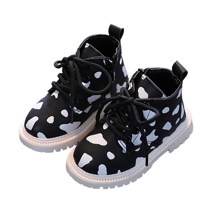 Fashion Toddler Infant Kids Baby Boys Girls Cow Printed Leather Lace-Up Boots Autumn Winter Warm Rubber Snow Shoes Sneakers#g4