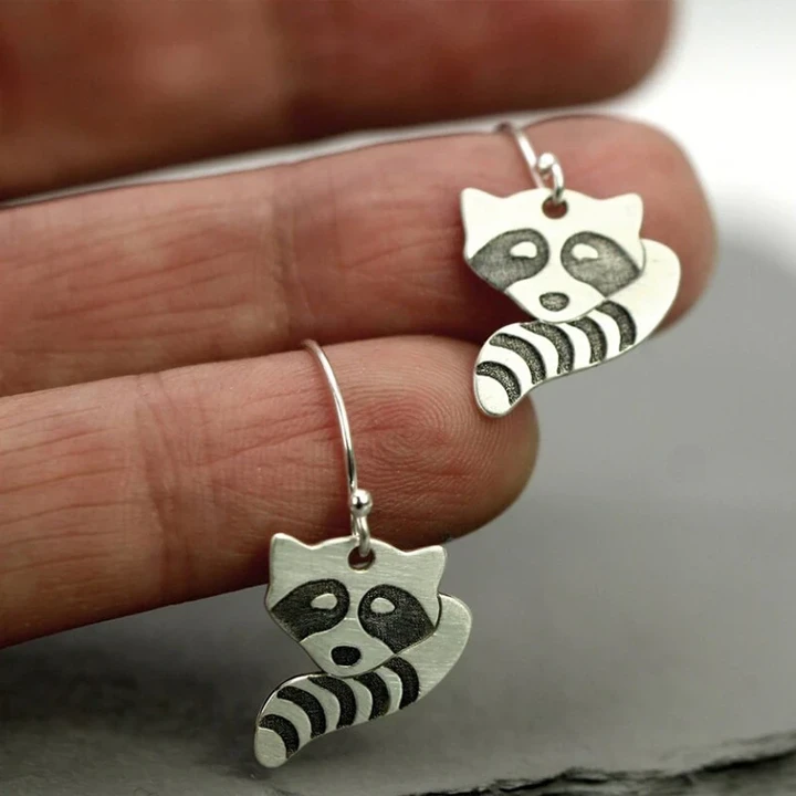 Raccoon Dangle Earrings for Women Girl Silver Color Engraved