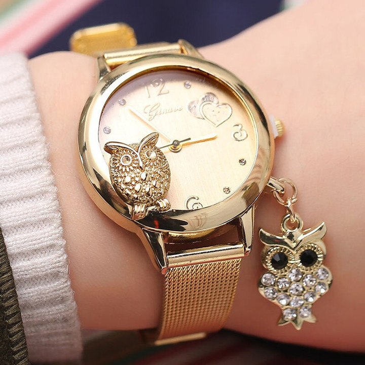 Luxury Crystal Pendants Owl Watches Mesh Band Quartz Wristwatch Ladies Watches Cheap Price
