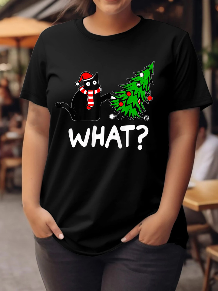 The black cat pushes the Christmas tree T-shirt
