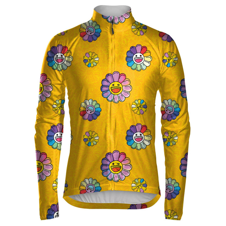 Outline Doodle Style With Smile Rainbow Sunflower On Yellow Background Unisex Cycling Jacket