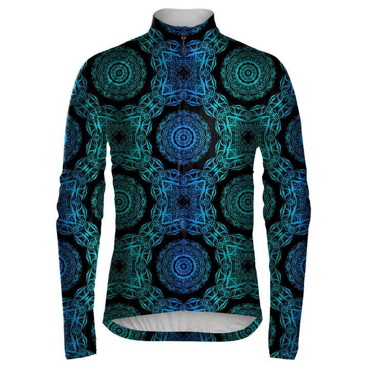 Blue Background With Round Floral Mandala And Geometric Ornament Unisex Cycling Jacket