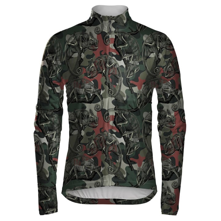 Hand Drawn Dark Colors Chameleon On Branch Camo Background Unisex Cycling Jacket