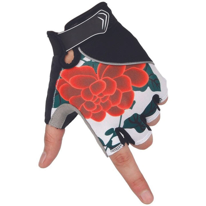 Cycling Gloves Half Finger Sports Summer Equipment With Red Flower Pattern For Men And Women
