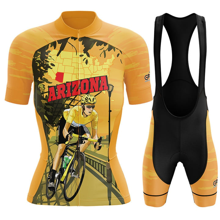 Premium Women's Cycling Jersey Cyclist In Arizona With Yellow Background