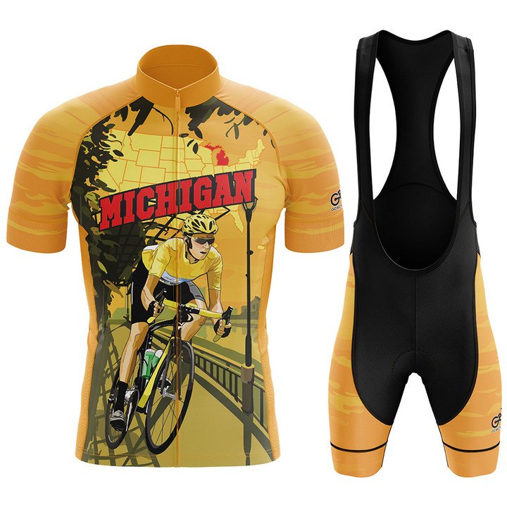 Premium Men's Cycling Jersey Cyclist In Michigan With Yellow Background
