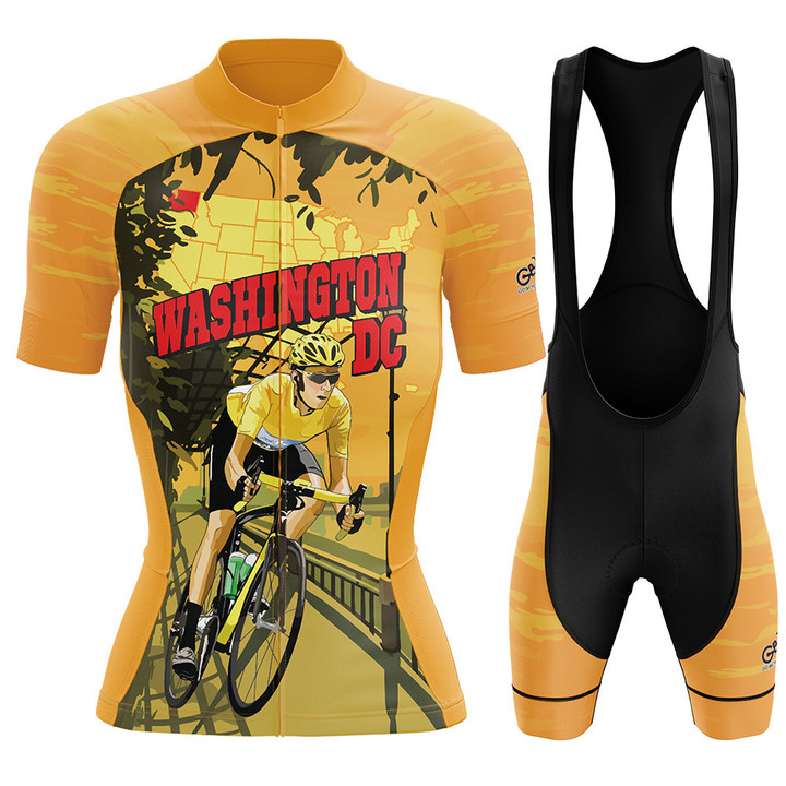 Premium Women's Cycling Jersey Cyclist In Washington With Yellow Background