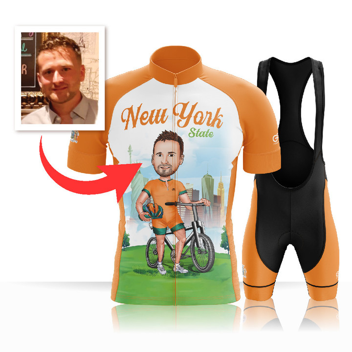 Custom Face - Premium Men's Cycling Jersey New York State With Orange Background