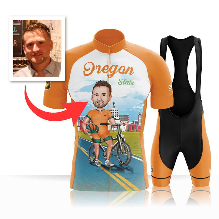 Custom Face - Premium Men's Cycling Jersey Oregon State With Orange Background