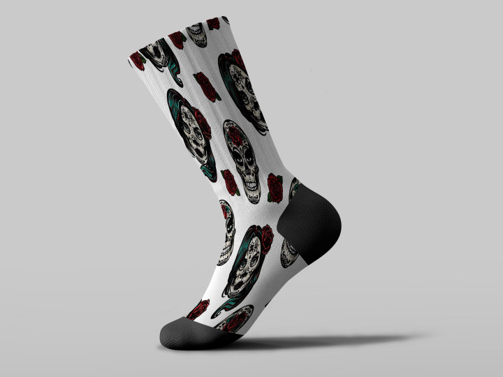Cycling Sock - Human Skull WithTatoo And Red Flower On Head