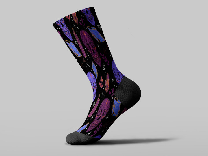 Cycling Sock - Human Skull And Floral Background With Crystal Gems