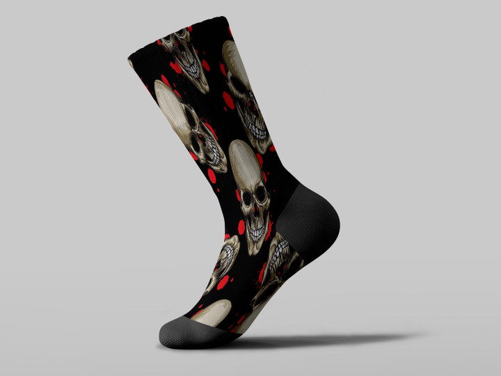 Cycling Sock - Scared Human Skull With Red Dot On Black Background