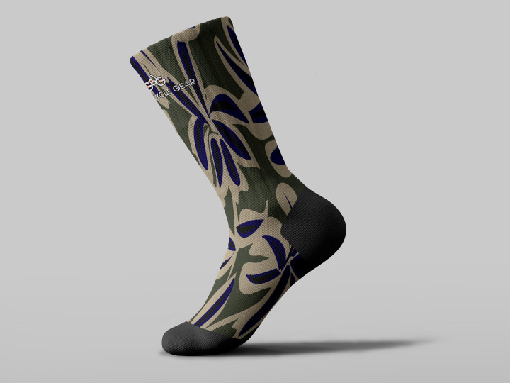 Cycling Sock - Brush Strokes Dark Blue And Green Floral Camo Pattern