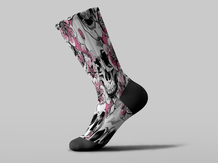 Cycling Sock - Human Skull With Flowers On Pink Background