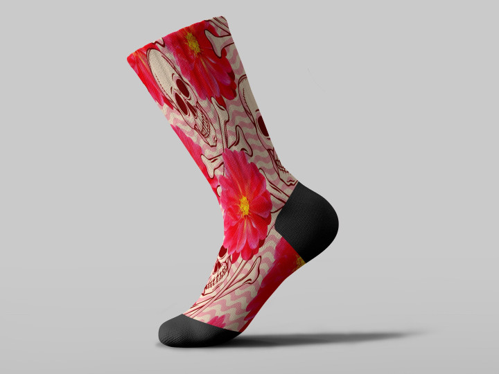 Cycling Sock - Human Skull With Crossed Bone And Dahlia