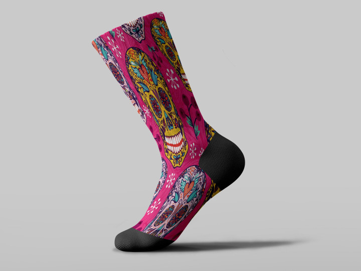 Cycling Sock - Sugar Skull Meaxican With Berry And Snowflake