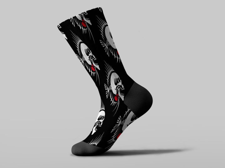 Cycling Sock - Fish Skeleton With Human Skull On Black Background