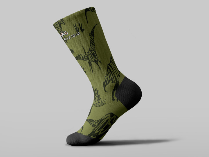 Cycling Sock - Military Green Camouflage With Different Kinds Of Dinosaur