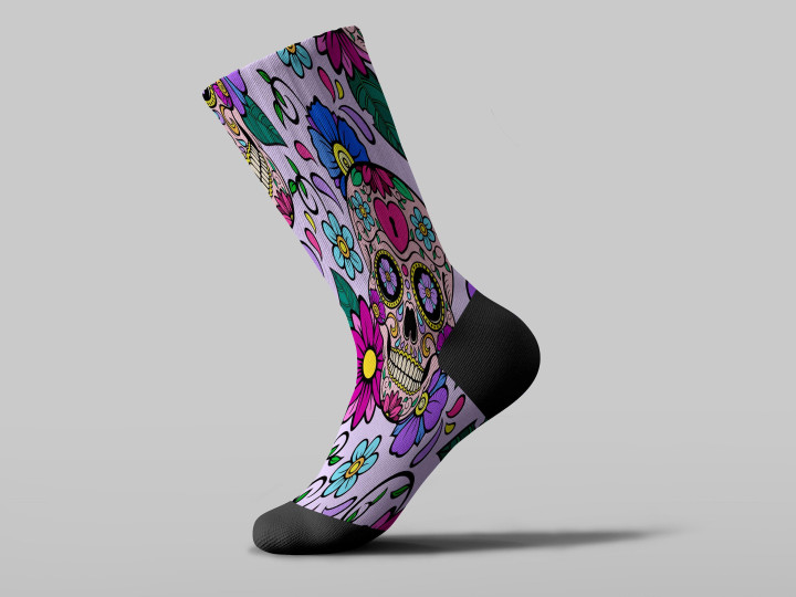 Cycling Sock - Sugar Skull Mexican With Heart And Floral