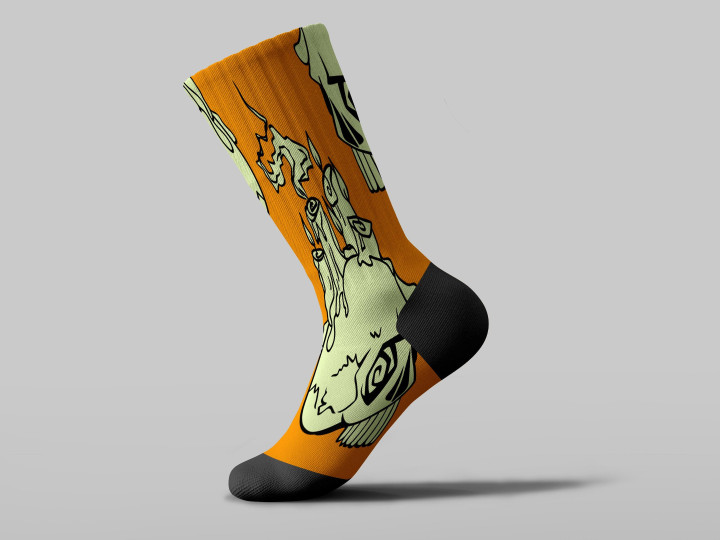 Cycling Sock - Scary Human Skulls With Candle On Orange Background