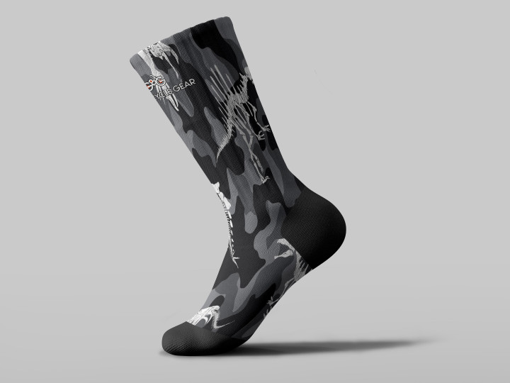 Cycling Sock - Hand Drawn Grunge Dinosaur Skeletons Dance Gray Camo Background
