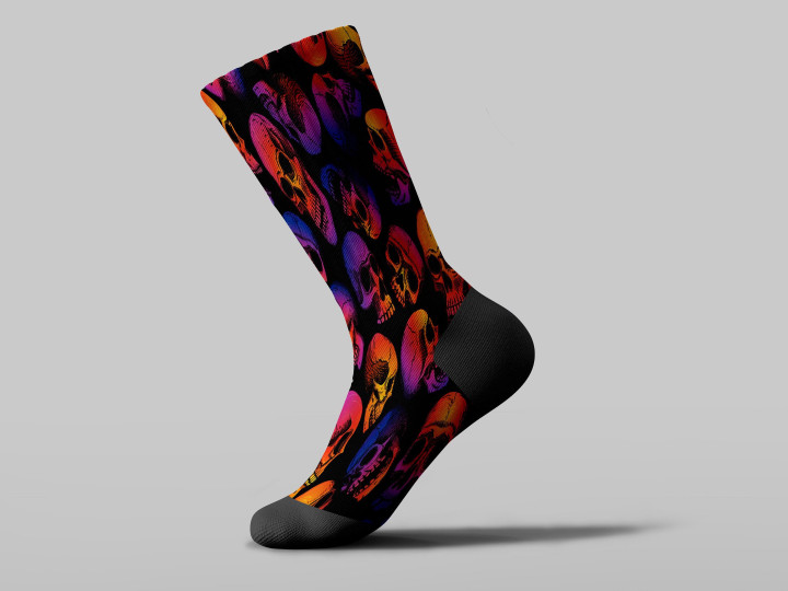 Cycling Sock - Colorful Human Skull On Black Background