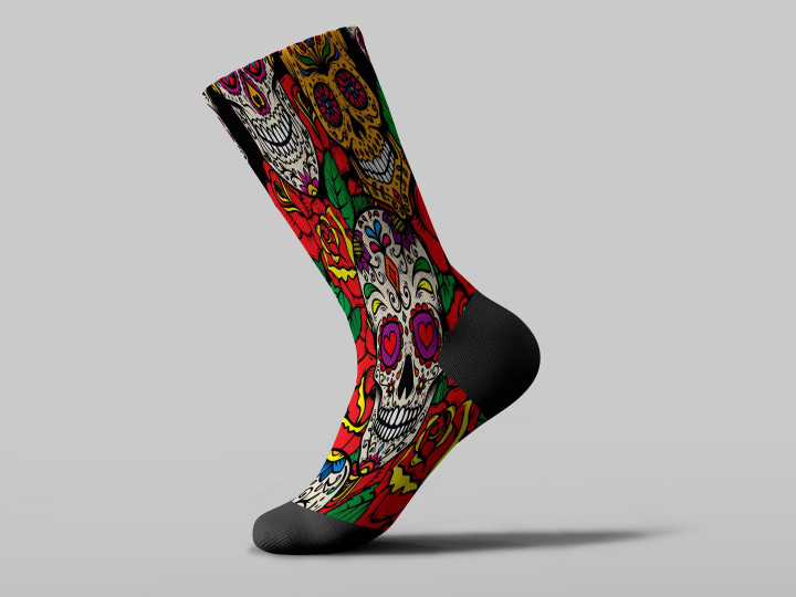 Cycling Sock - Mexican Sugar Skulls With Leaves And Roses