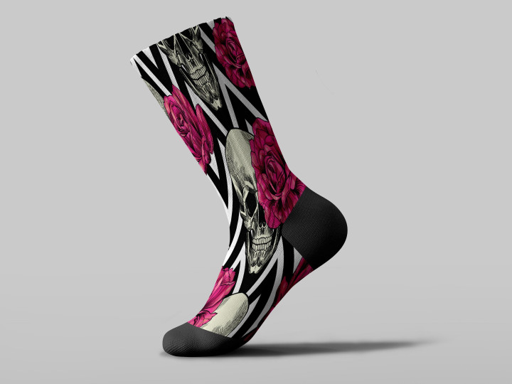 Cycling Sock - Human Skull And Pink Roses On Geometric Background
