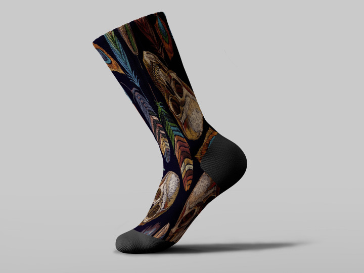 Cycling Sock - Embroidery Human Skull With Color Feathers