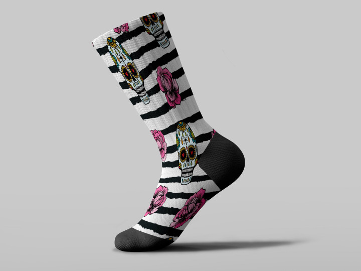 Cycling Sock - Sugar Skull Mexican And Peony Flowers