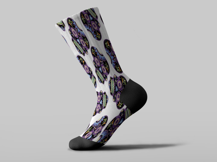 Cycling Sock - Beautiful Violet Sugar Skulls Mexican On White Background