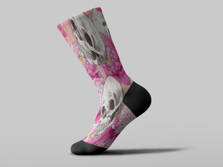 Cycling Sock - Human Skull And Beautiful Flower On Pink Background