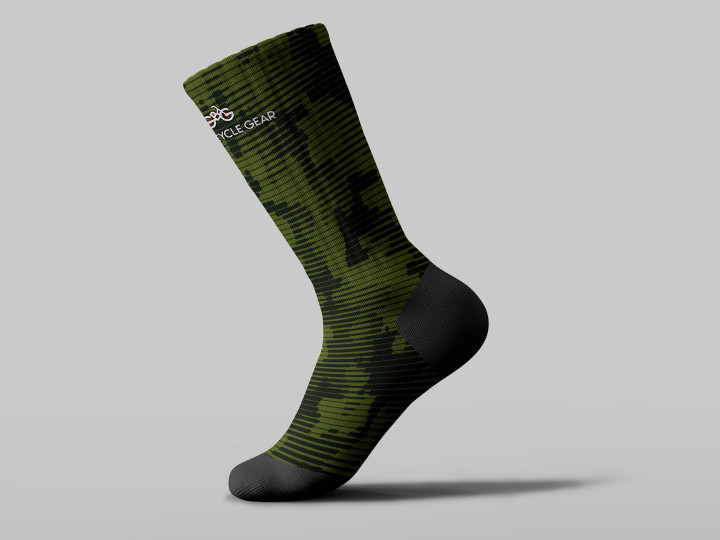 Cycling Sock - Digital Green Camouflage Thin Stripes Pattern