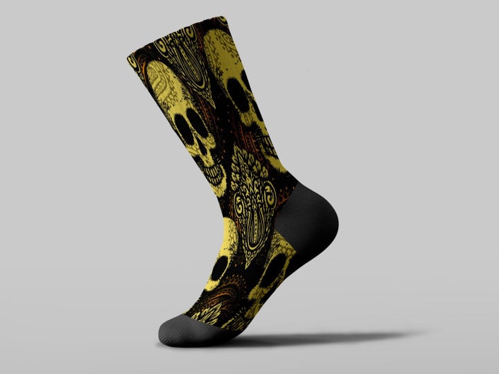Cycling Sock - Black And Yellow Human Skull With Ethnic Style