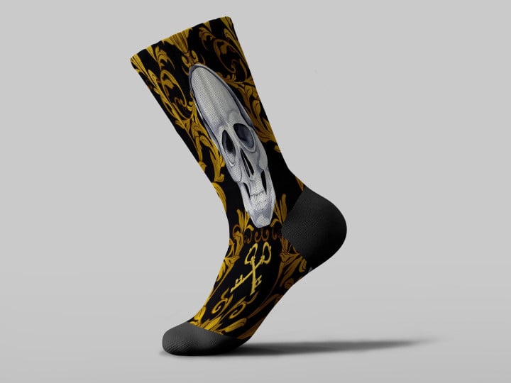Cycling Sock - Black And White Human Skull With Baroque Ornament And Keys