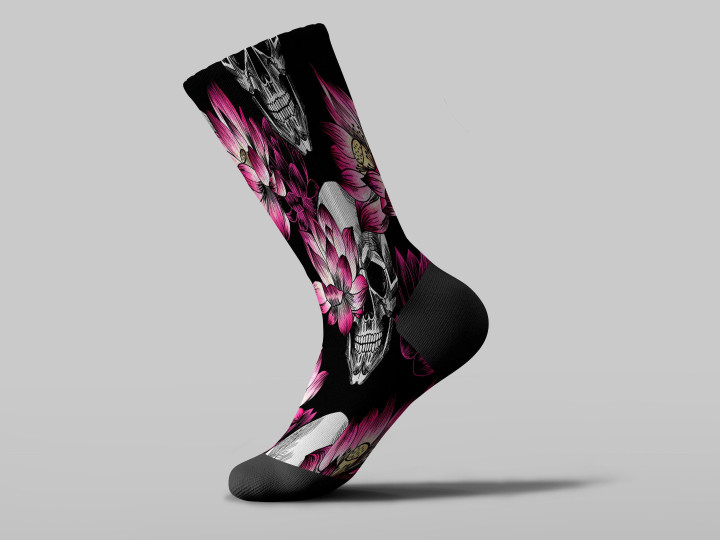 Cycling Sock - Human Skull And Lotuses On Black Background