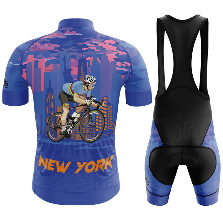 Premium Men's Cycling Jersey Cyclist In New York With Purple Blue Background