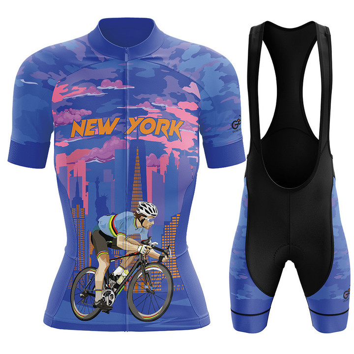 Premium Women's Cycling Jersey Cyclist In New York With Purple Blue Background