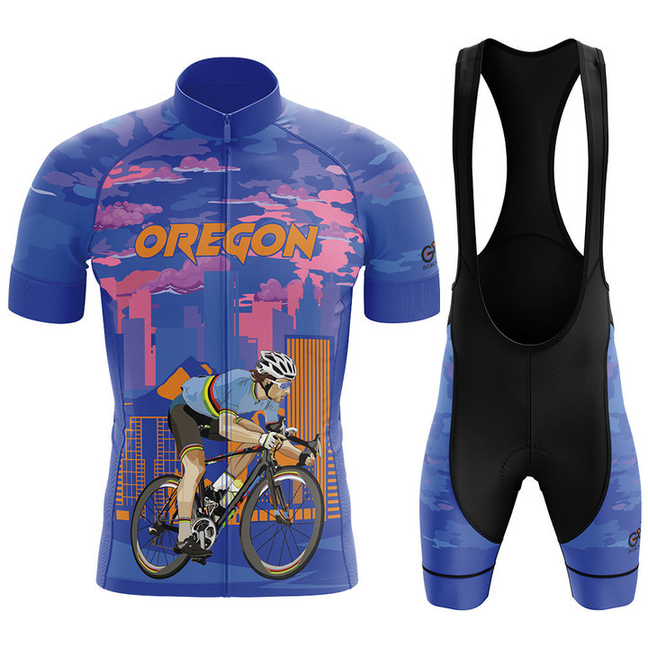 Premium Men's Cycling Jersey Cyclist In Oregon With Purple Blue Background
